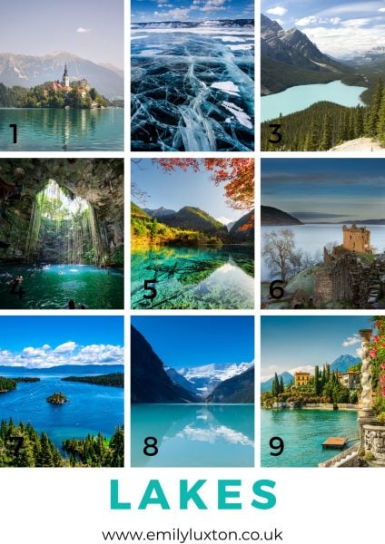 Travel picture quiz with a grid of 9 images showing different lakes around the world