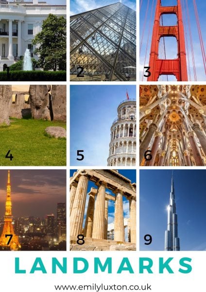 Travel picture quiz with a grid of 9 images showing different landmarks around the world