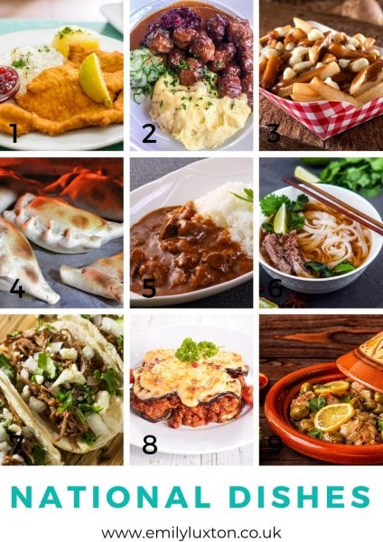 Grid of 9 images showing different food dishes from around the world with the title "National Dishes" in cyan, for a travel quiz picture round