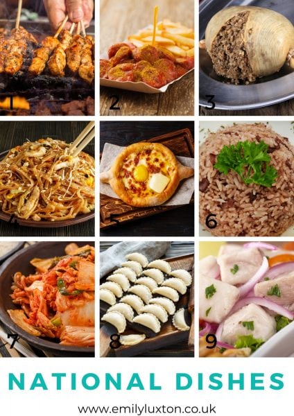 Grid of 9 images showing different food dishes from around the world with the title "National Dishes" in cyan, for a travel quiz picture round