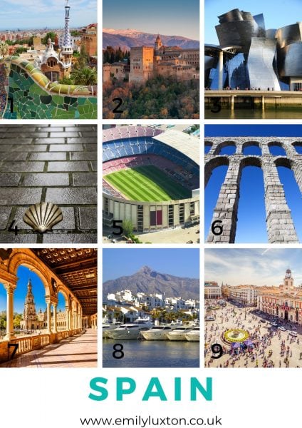 Grid of 9 images showing different landmarks in Spain