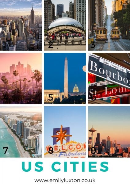 Grid of 9 images showing different landmarks in US cities