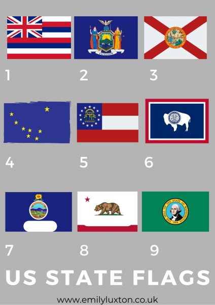 Grid with 9 different US State flag emojis on a grey background with the title Flags Quiz