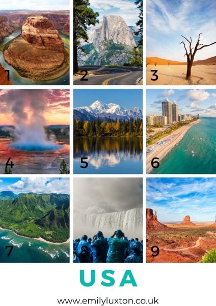 Grid of 9 images showing different landmarks in the USA
