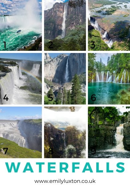 Grid of 9 images showing different waterfalls around the world