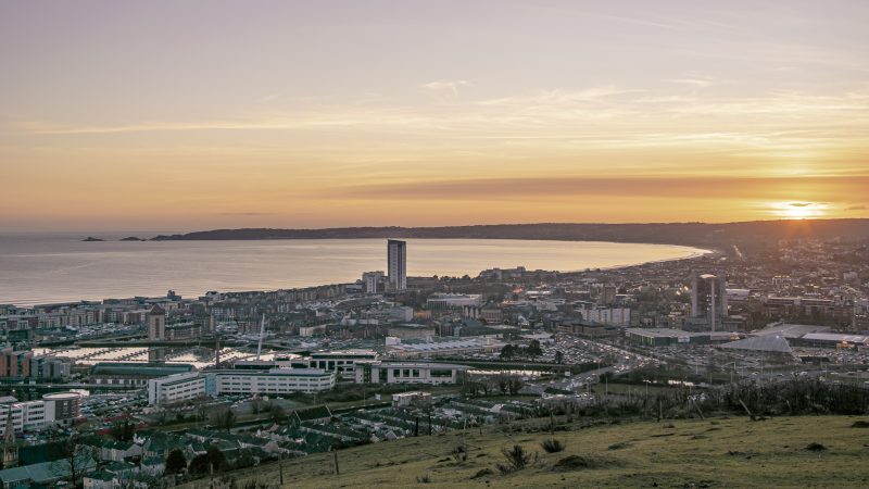 Swansea city at sunset 
