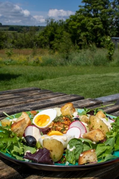 Salad on a table outdoors on a sunny day 