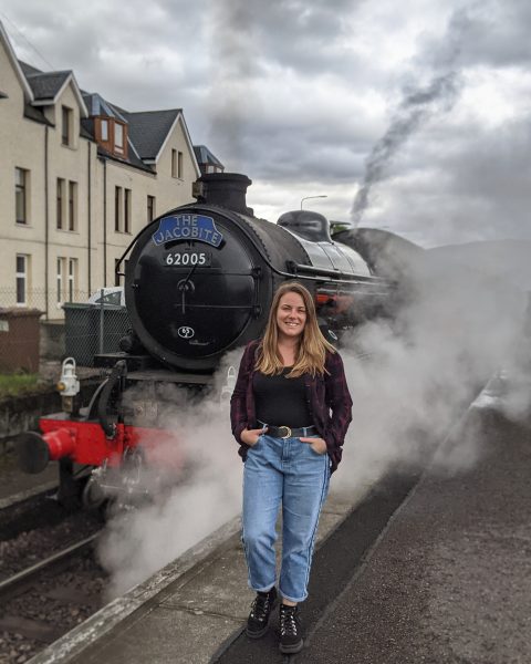 Me with the Harry Potter Train Jacobite Express in Fort William Scotland