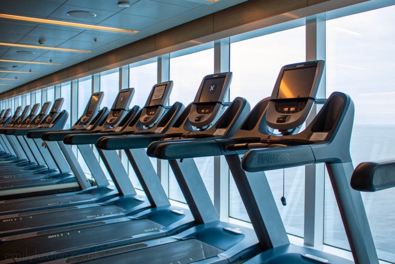 Gym onboard a cruise ship with a line of treadmills all lined up in front of large floor to cieling windows with a view of a grey-blue sea beyond on a slightly overcast day. The gym is one of many fitness actitvities onboard the Regal Princess.