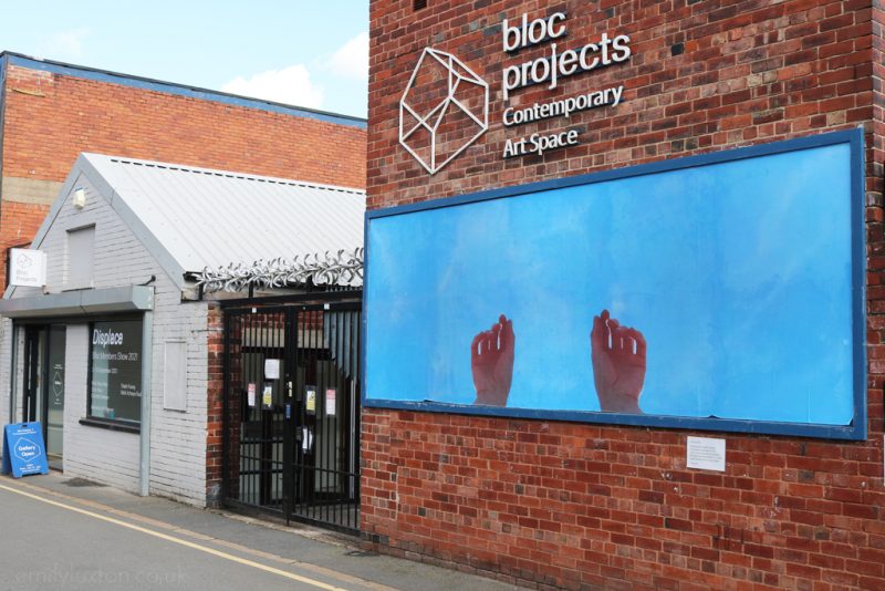 Blue billboard public art installation outside Bloc Projects Gallery in Sheffield