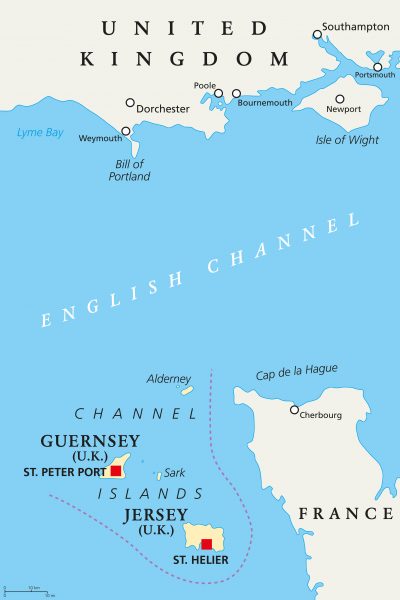 Map of the Channel Islands showing where Guernsey is in relation to France and England