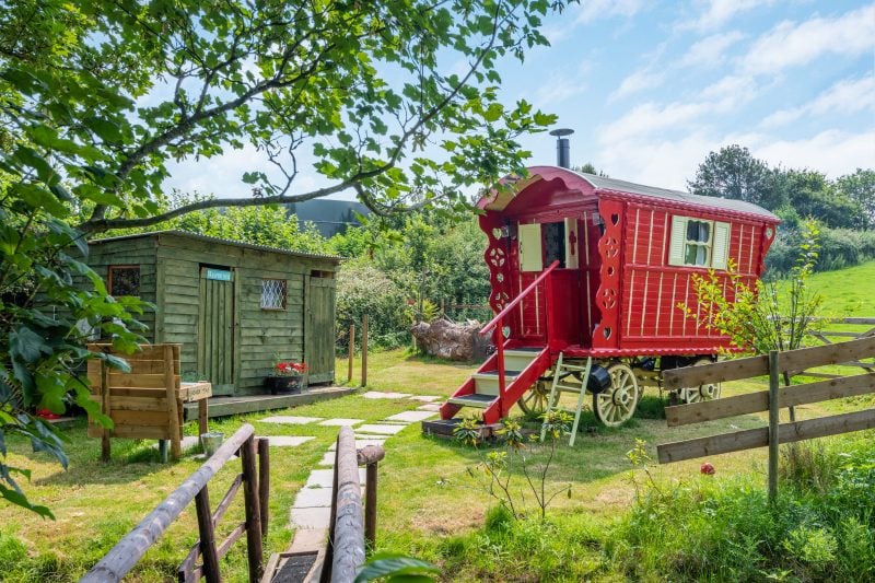 glamping somerset england Red wagon 