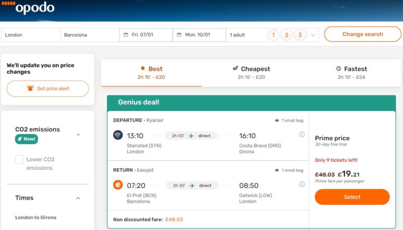 Screenshot of Opodo flight search page showing a Prime flight deal discount on flights to Girona at £19.21 vs the original price of £48.03