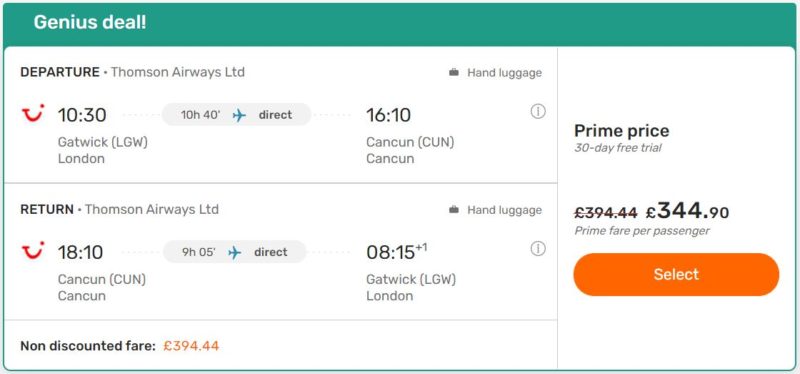 Screenshot of an Opodo Prime flight deal discount showing TUI flights to Cancun at £344.90 vs the original proce of £394.44
