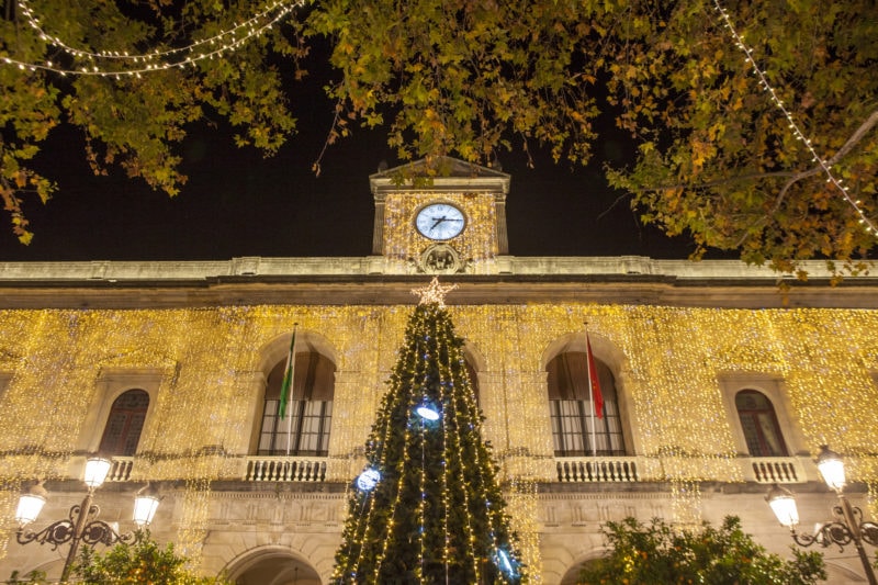 A christmas tree in front of Seville city hall in winter