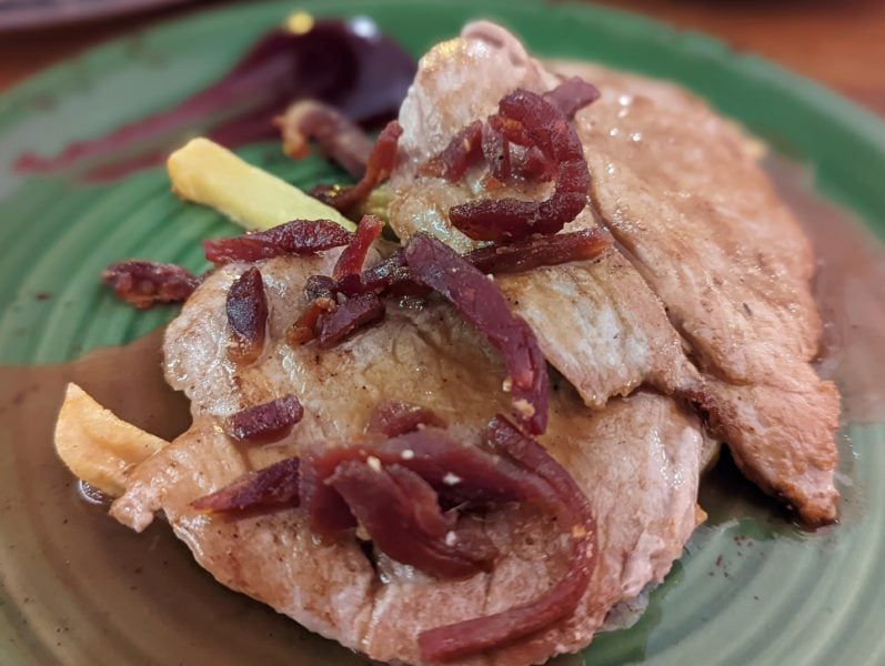 Close up of grilled pork with caramalised onion on a gren plate, a Seville food dish called solomillo al whisky