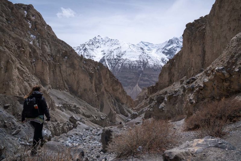 girl with dark hair wearing a camera backpack and hiking towards a snowy mountain