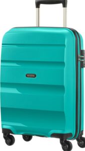 Bright turquoise hardshell suitcase with metal handle and black wheels