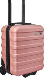 Coral pink hardshell suitcase with black strap and handle
