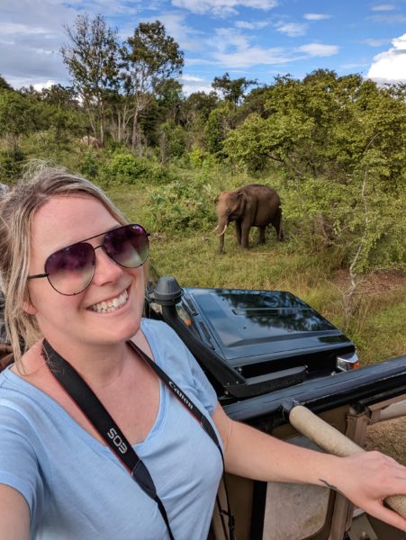 emily wearing a light blue t shirt taking a selie with an elephant right behind her. she is standing up in a jeep on safari in sri lanka.