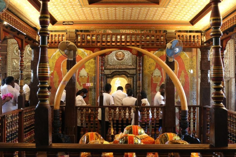 interior of a temple with an open door behind a wooden fence and betwen two large elephant tusks. inside the door is a small golden casket. 