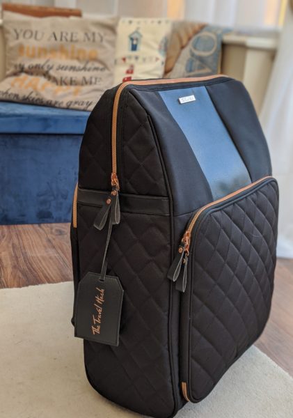 Close up of a black and rose gold cabin case from the Travel Hack carry on luggage for woman series