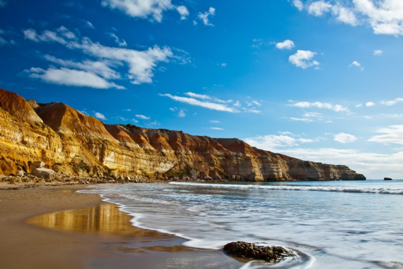 orange cliffs behind a sandy beach on a sunny day. working holiday visa in adelaide and south australia