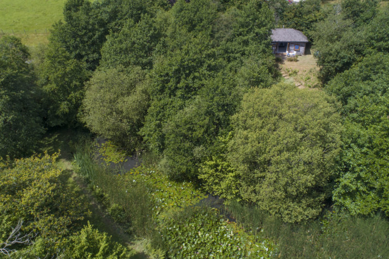 drone shot of a green forest with a small brown log cabin in the top right corner. unique places to stay in devon.