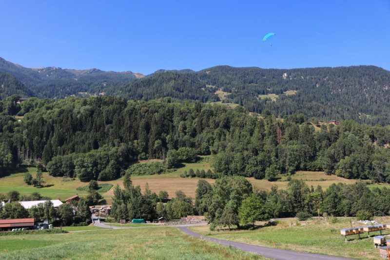 landscape of a lush green valley near Verbier in summer covered with pine forest with an empty blue sky and a very small turquoise paraglide visible in the sky