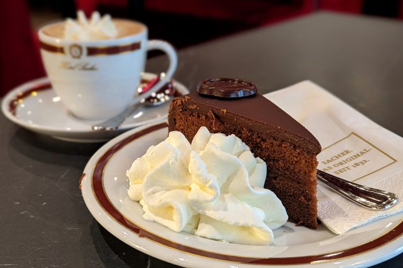 white plate on a grey table with a slice of chocolate cake and a large squirt of whipped cream. behind is a coffee cup topped with cream. sachertorte cake at the hotel sacher in vienna austria