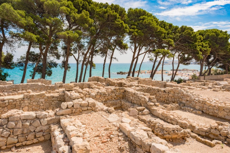 ancient greek ruins and stone foundations of square buildings built from sand coloured stone with a line of green trees behind and the sea behind that. Empúries - best places to visit in costa brava spain
