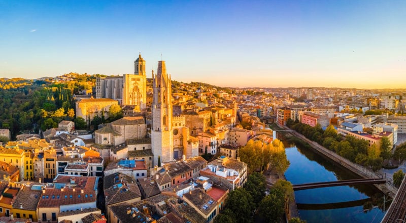 Aerial view of Girona, a city in Spain’s northeastern Catalonia region, beside the River Onyar