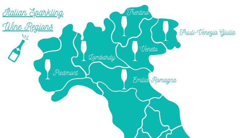 cyan coloured map of northern italy with the italian wine regions marked by champagne glasses