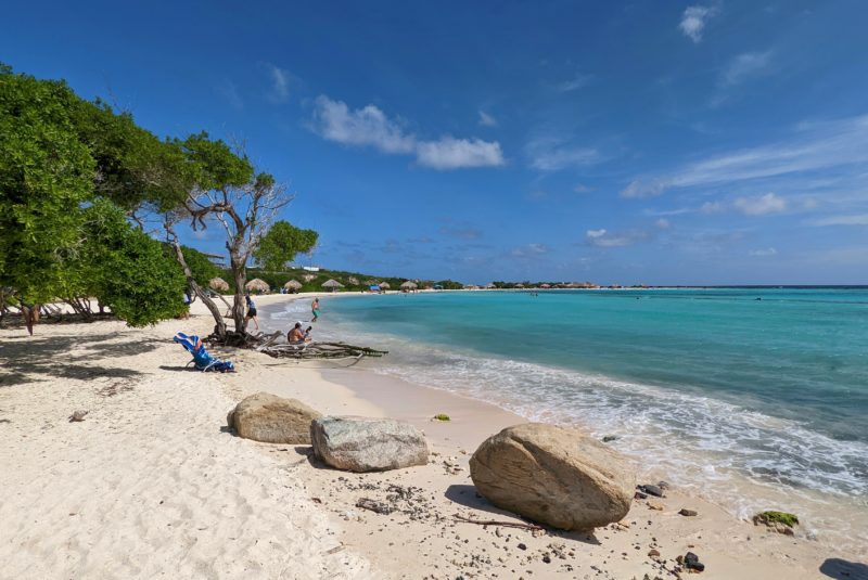 Pantai pasir putih dengan beberapa batu kecil dan pepohonan hijau dengan air biru kehijauan yang jernih di hari yang cerah di Karibia dengan langit biru di atasnya. Alasan untuk mengunjungi Aruba