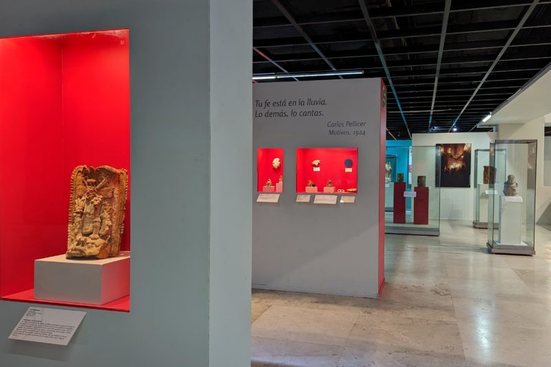 interior of a museum with white stands where mayan artefacs are sitting in bright red boxes. Regional Museum of Anthropology in Villahermosa Mexico