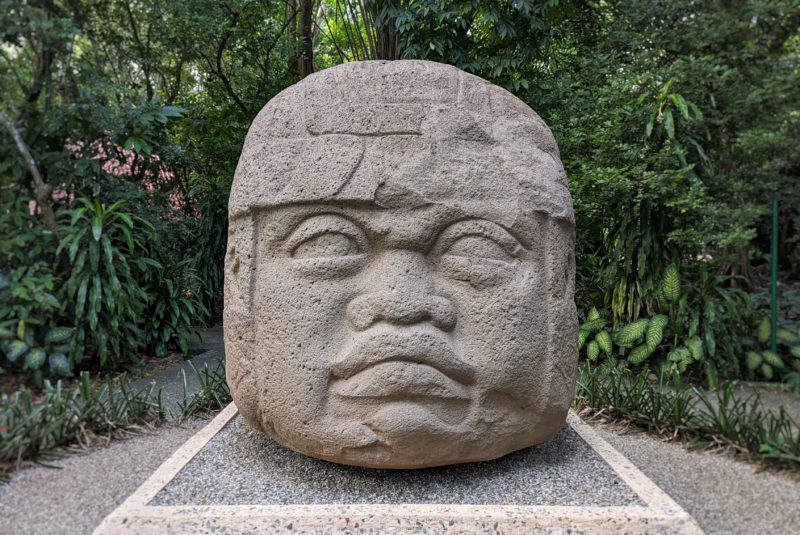 large stone scultpture carved into the shape of a head with a face, an Olmec sculpture found in tabasco Mexico, in front of lush jungle plants at Parque Museo la Venta in Villahermosa 