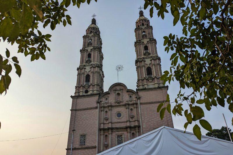 cathedral with two towers built from a pink-ish coloured light brown stown seen from below around sunset against a blue and peach coloured sky with a frame of green leaves - Cathedral of Tabasco in Villahermosa