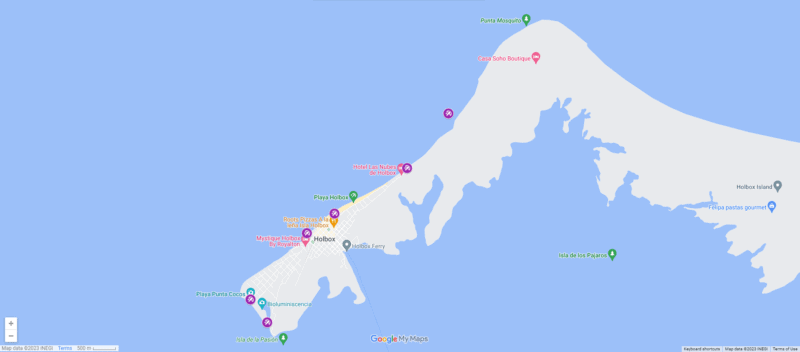 Map of Isla Holbox with several maps marked on it