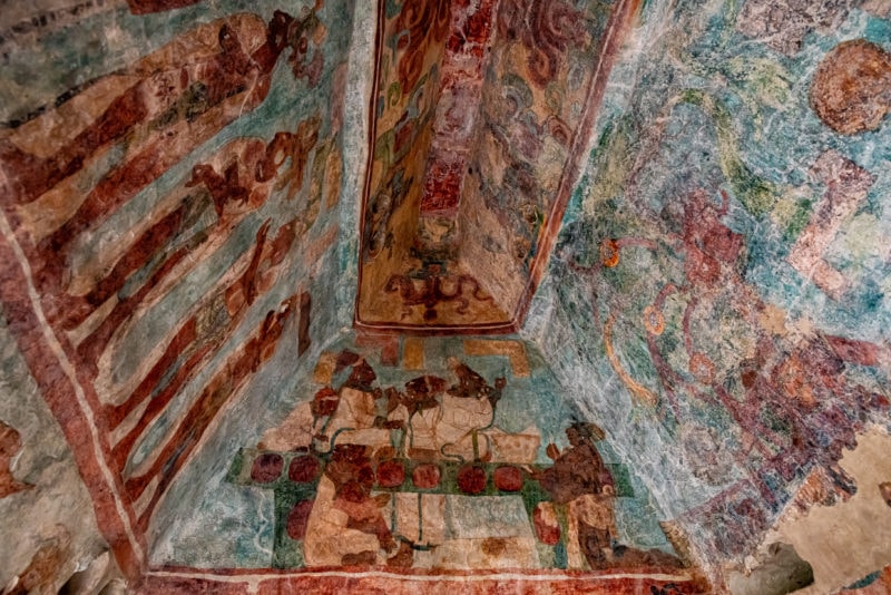 Ancient murals in Temple of Paintings of Bonampak, from Classic Maya period. The paintings show the story of Mayan life.