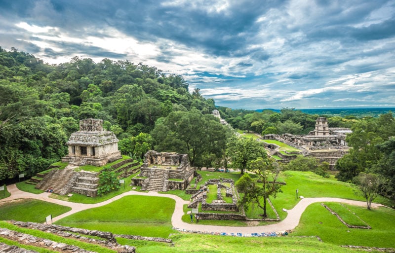 landscape with several grey stone pyramids and Mayan ruins dotted around a large green grassy area with dense forest to the left hand side of the image. How to get to Palenque in Chiapas Mexico. 