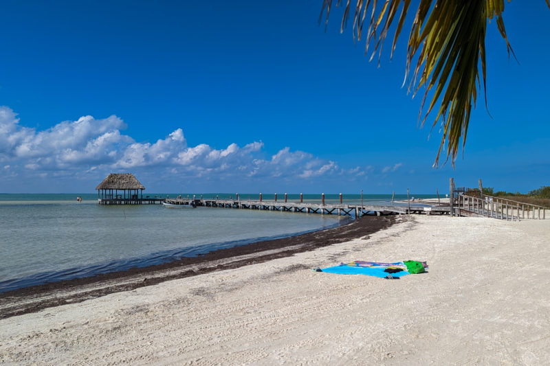 curved white sandy beach next to shallow clear sea with one bright blue towel on the sand and a wooden jetty leading out into the sea with a small wooden teatched roof hut on the end - punta cocos is one of the best beaches in holbox