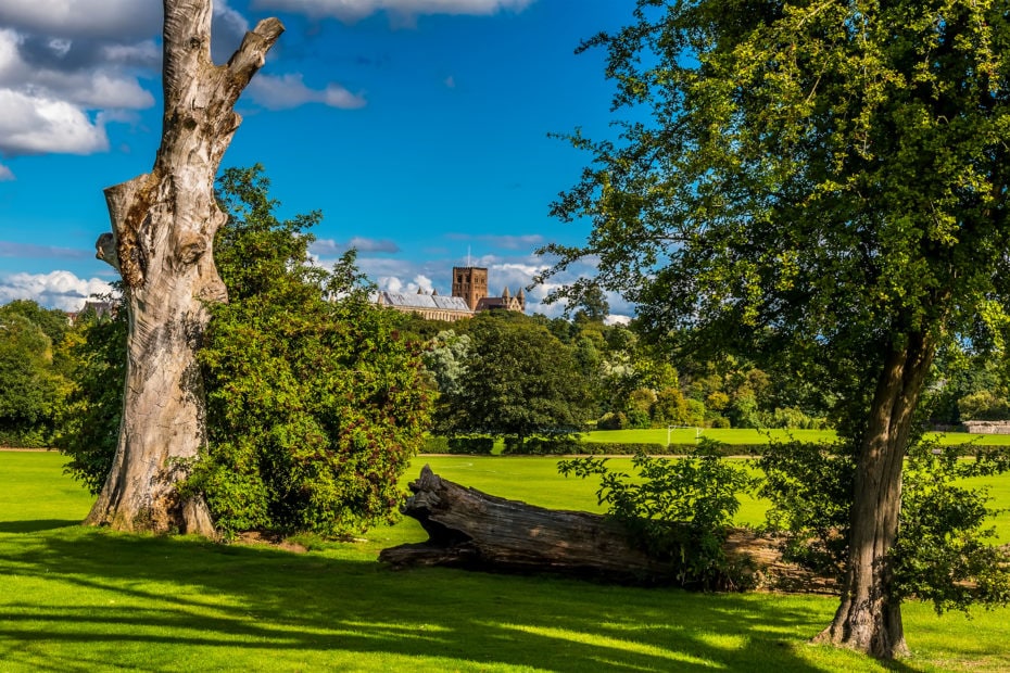 A view of the Cathedral from Verulamium Park, St Albans, UK in the summertime