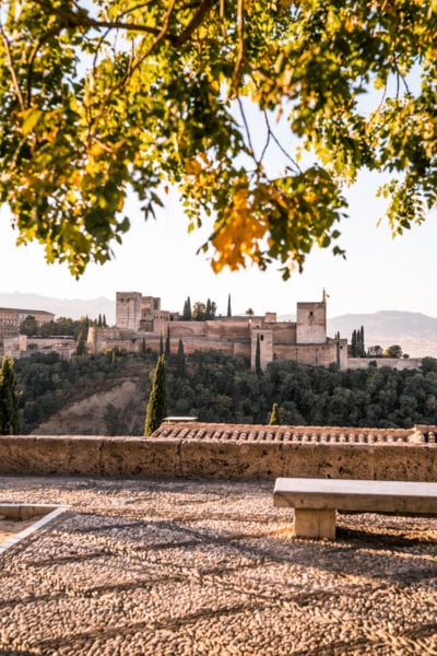 a beige stone fortress of the alhambra in the distance framed by a low hanging leafy branch of a tree against a bright white sky on a very sunny day with cobbled stone square in the foreground.