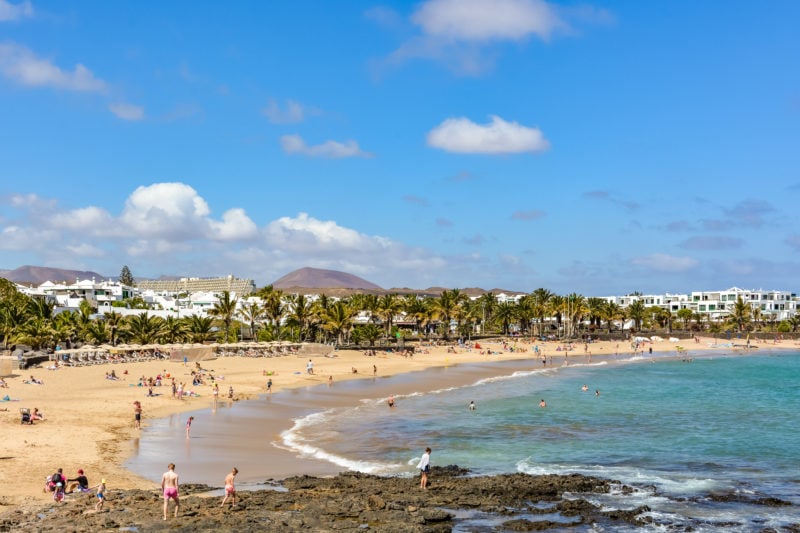 view of a long white sandy beach next to blue sea with a dense row of palm trees behind and white buildings of a town just visible behind the trees and a mountain rising beyond that on a sunny day with blue sky in lanzarote
