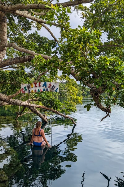 emily facing away from the camera wearing a bright blue bikini sitting on a wooden swing on top of the water of a large lake with very dark still water. she is surrounded by green leafy trees and the sign above the swing says Cenote Azul.