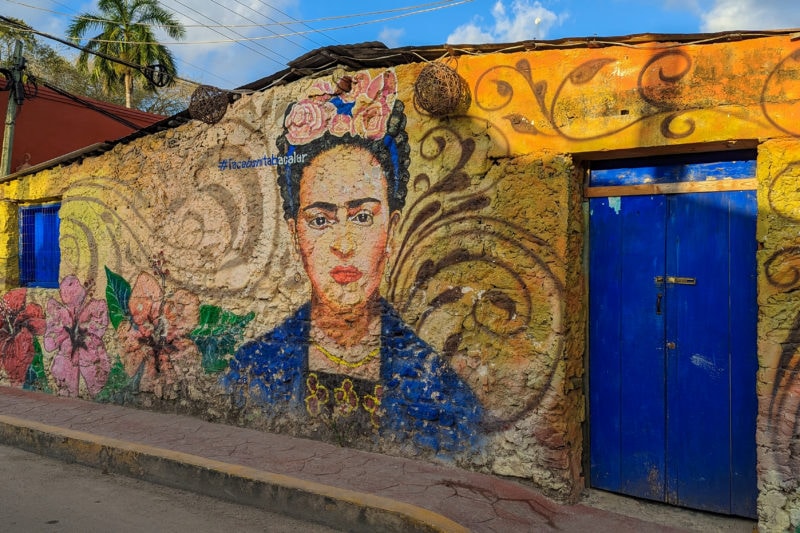 colourful street art mural showing Frieda Khalo with a blue shawl and pink flowers in her hair on a yellow background next to a bright blue door