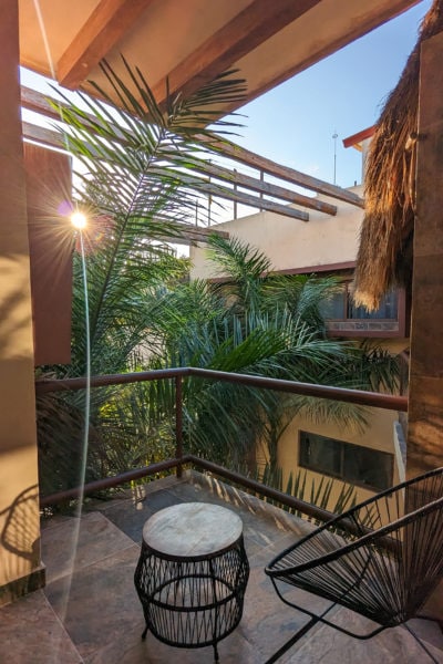 view of a hotel balcony with black acapulco chair and glass railings with wooden trim. there is a thick patch of palm leaves in front of the balcony with the setting sun flaring between the leaves.