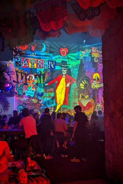 crowded bar interior at night with a large light projecttion of a cartoon skeleton wearing a suit and top hat. there is a crowd in front and mexican paper banners overhead