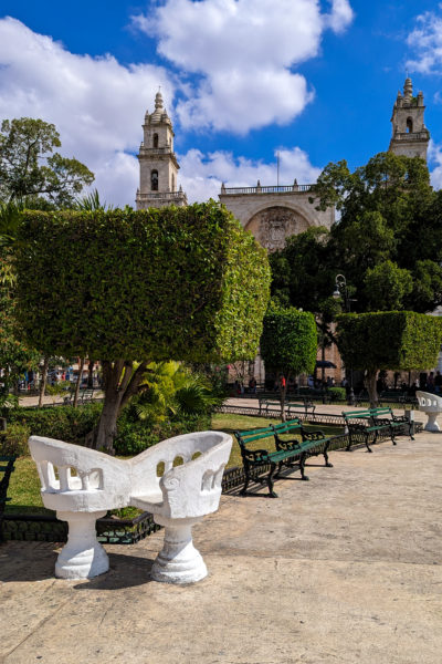 two white chairs facing each other and joined by the central arm, on a pathway next to a large square bush with the two towers of a white stone cathedral behind against the bright blue sky