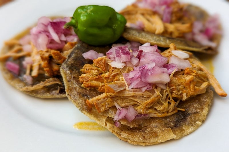 close up of three Panuchos (deep fried tortillas) toped with pulled pork in an orange sauce and chopped pink onions  with one green habanero in the middle